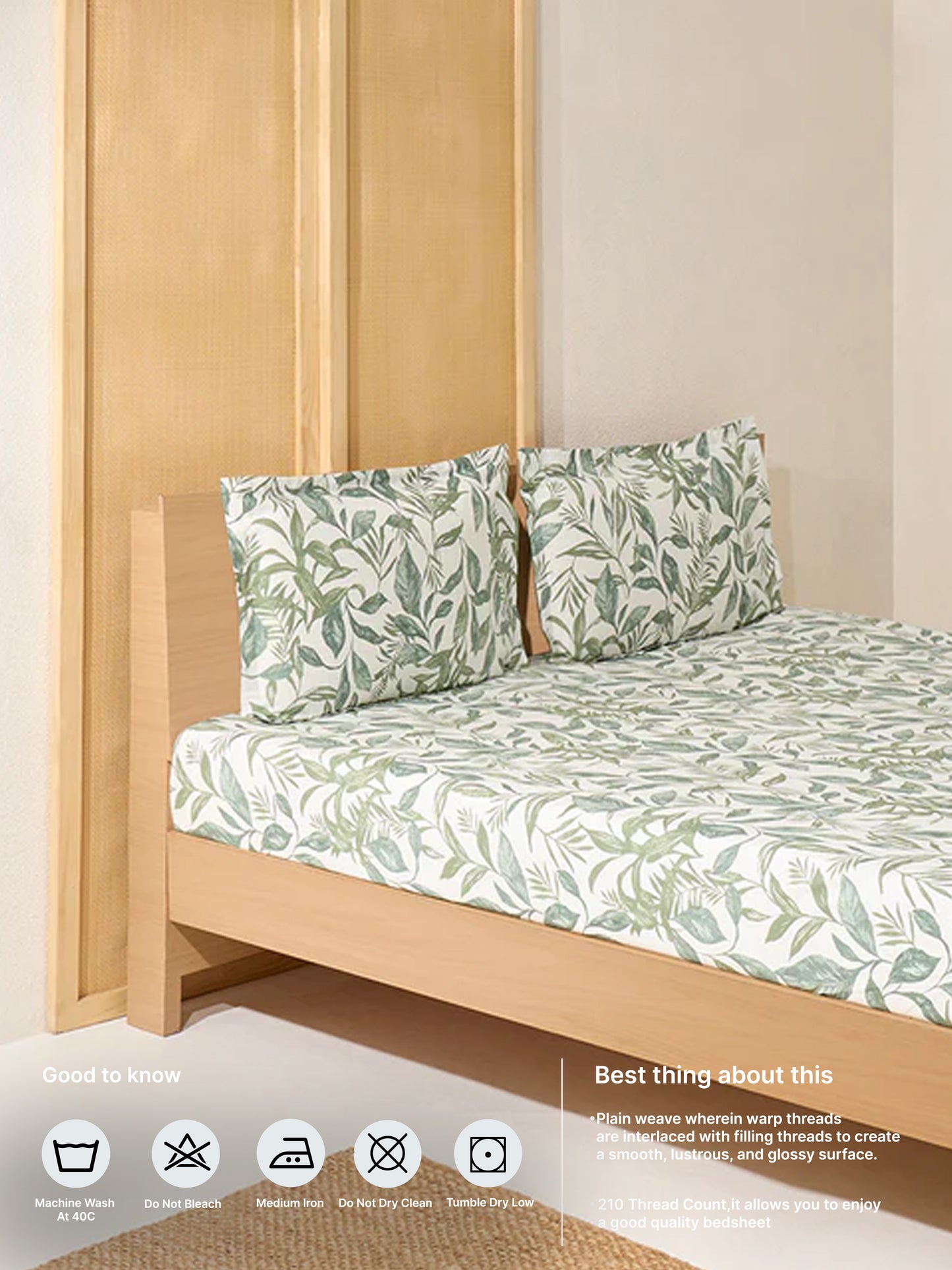Westside Home Sage Leaf Design Queen Bed Flat Sheet and Pillowcase Set