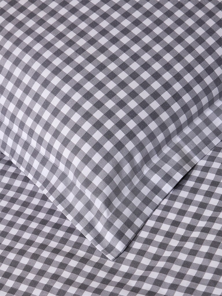 Westside Home Charcoal Gingham Checkered King Bed Fitted Sheet and Pillowcase Set