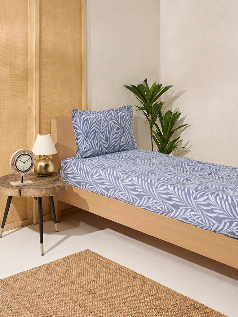 Westside Home Dusty Blue Foliage Pattern Single Bed Fitted Sheet and Pillowcase Set