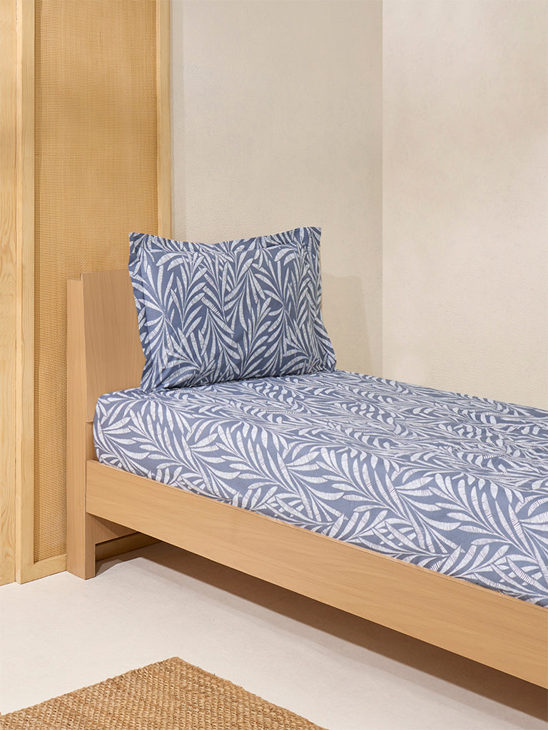 Westside Home Dusty Blue Foliage Pattern Single Bed Fitted Sheet and Pillowcase Set