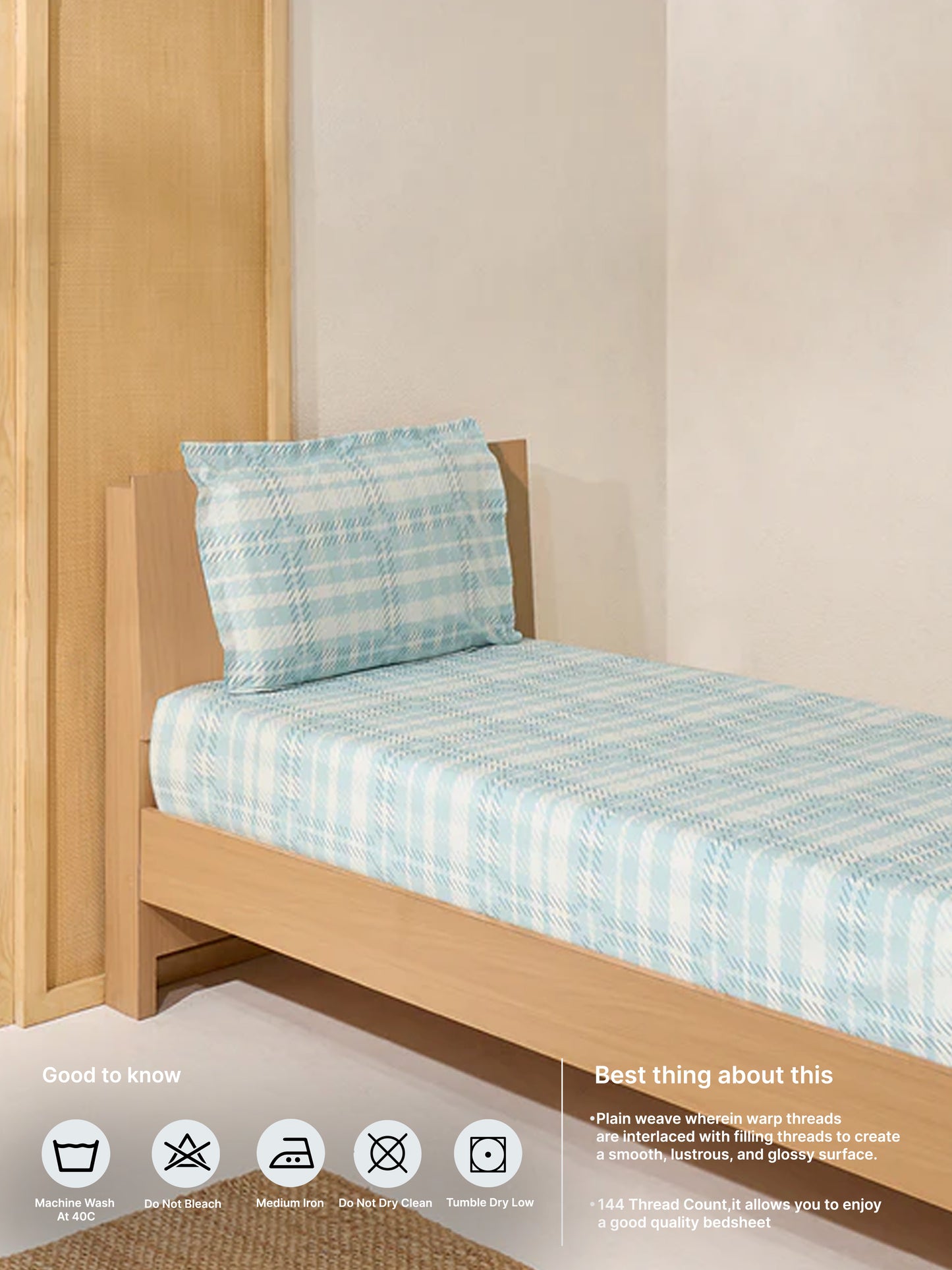 Westside Home Aqua Checks Printed Single Bed Flat Sheet and Pillowcase Set