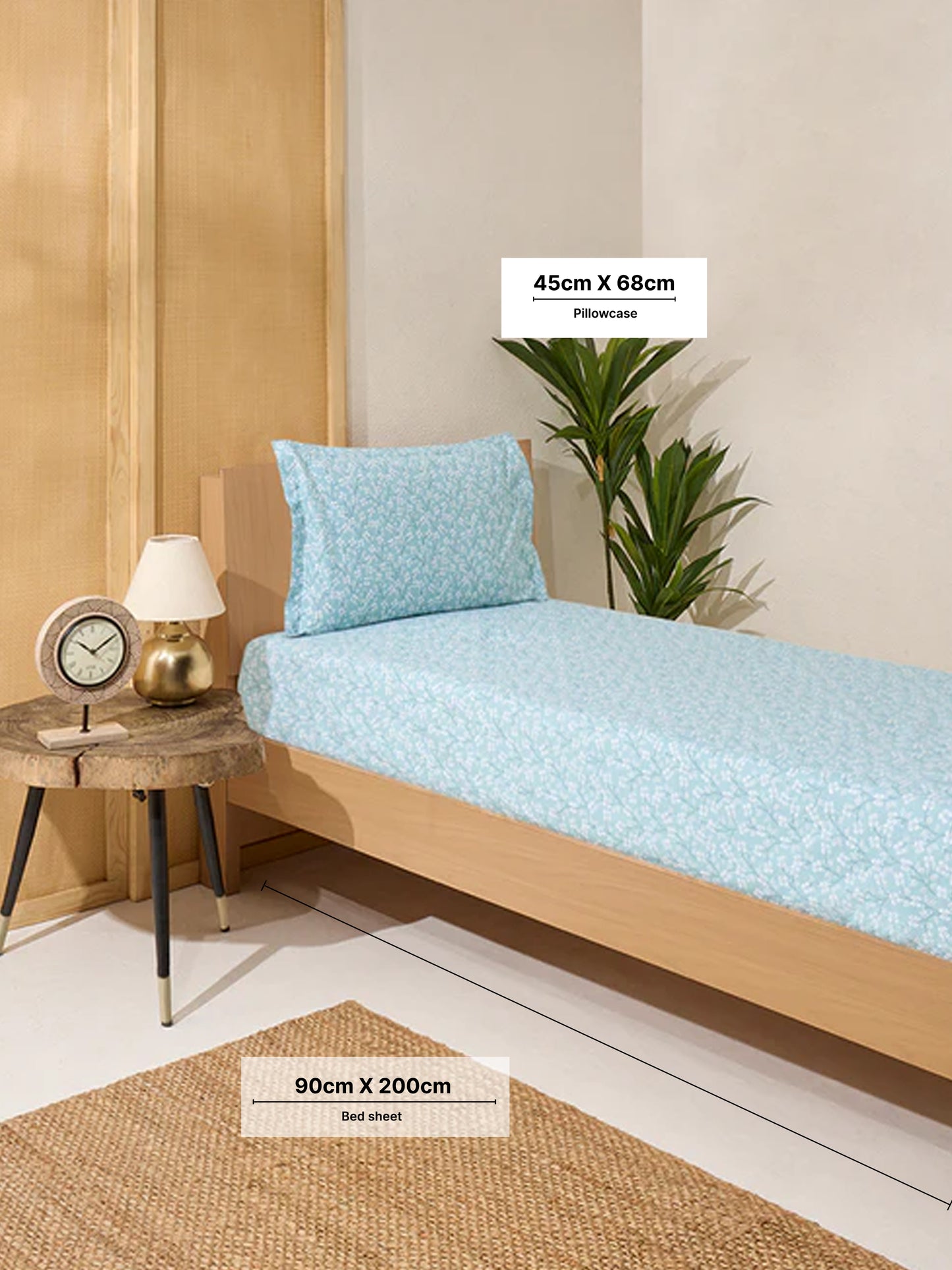 Westside Home Aqua Floral Design Single Bed Fitted Sheet and Pillowcase Set