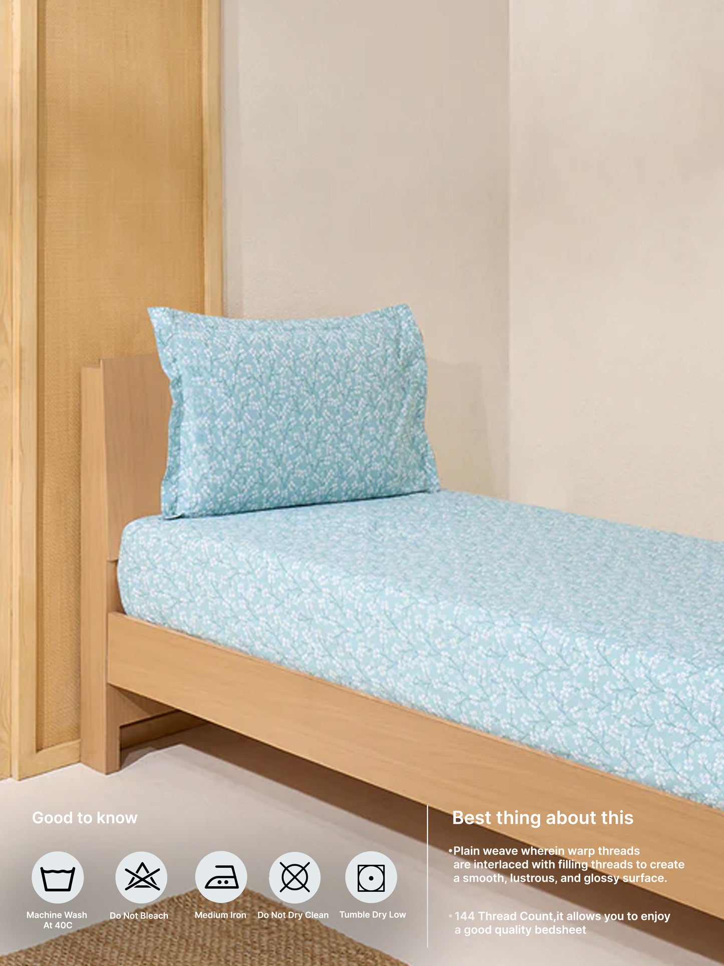 Westside Home Aqua Floral Design Single Bed Fitted Sheet and Pillowcase Set