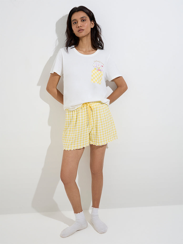 Wunderlove White Gingham Cotton Shorts Set In A Bag