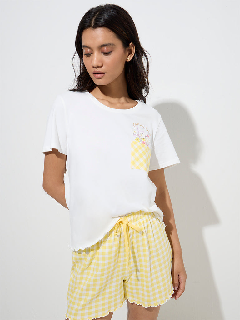 Wunderlove White Gingham Cotton Shorts Set In A Bag