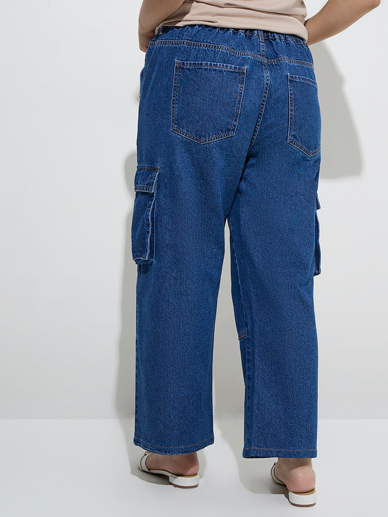 Westside Gia Women's Dark Blue Cargo-Style Straight-Fit Mid-Rise Jeans for Casual Wear Back View