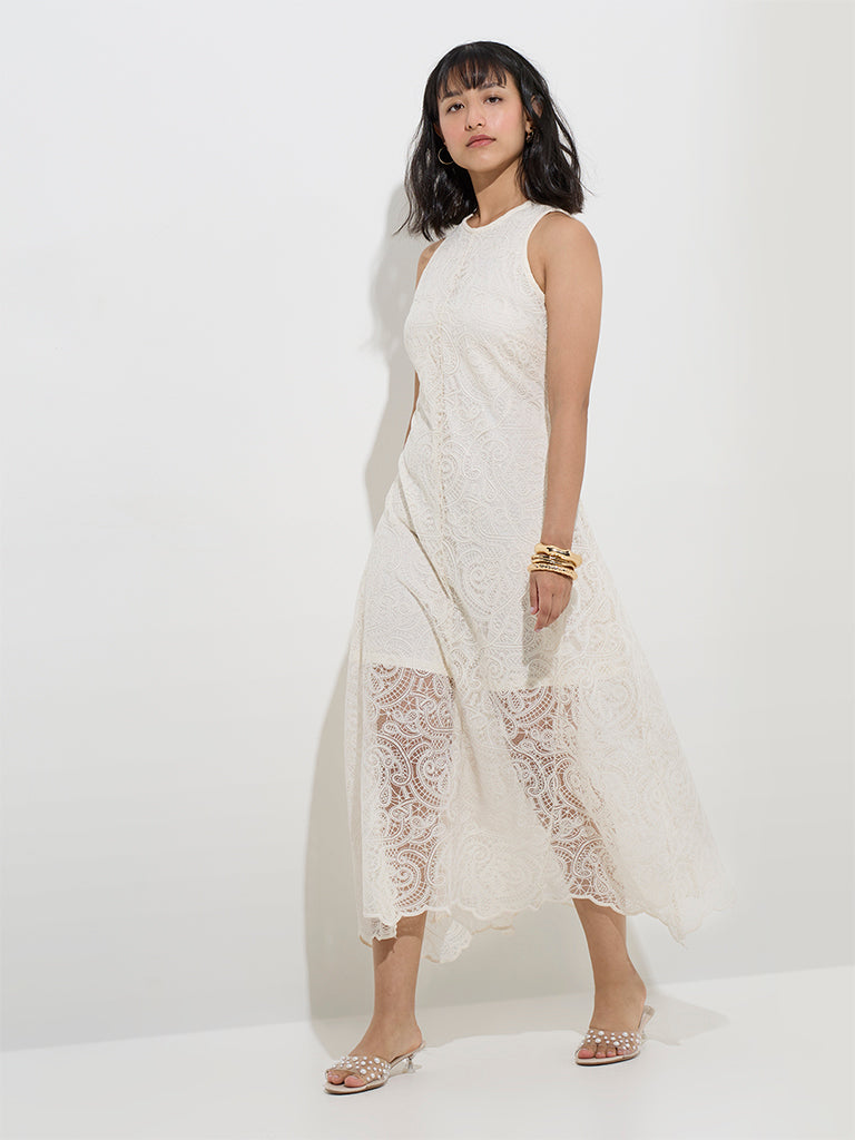 LOV Off-White Lace Detailed A-Line Dress