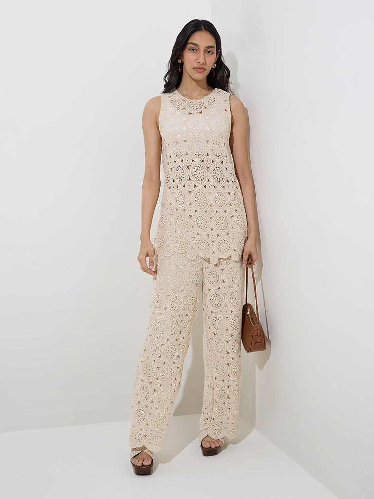 LOV Beige Crochet-Detailed High-Rise Cotton Trousers