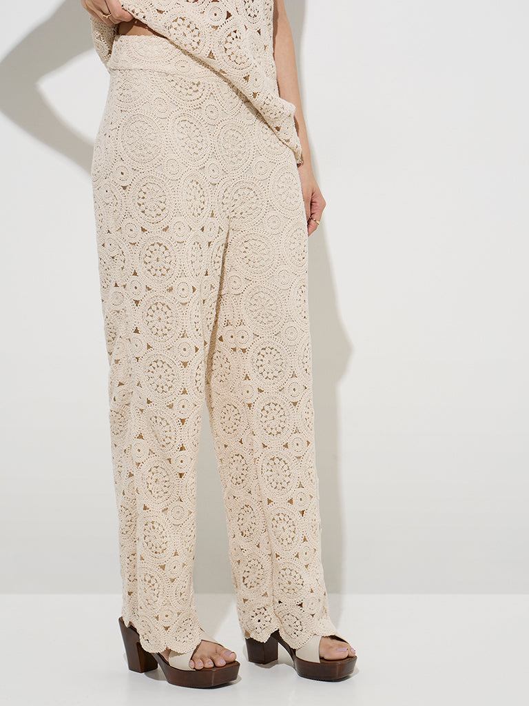LOV Beige Crochet-Detailed High-Rise Cotton Trousers