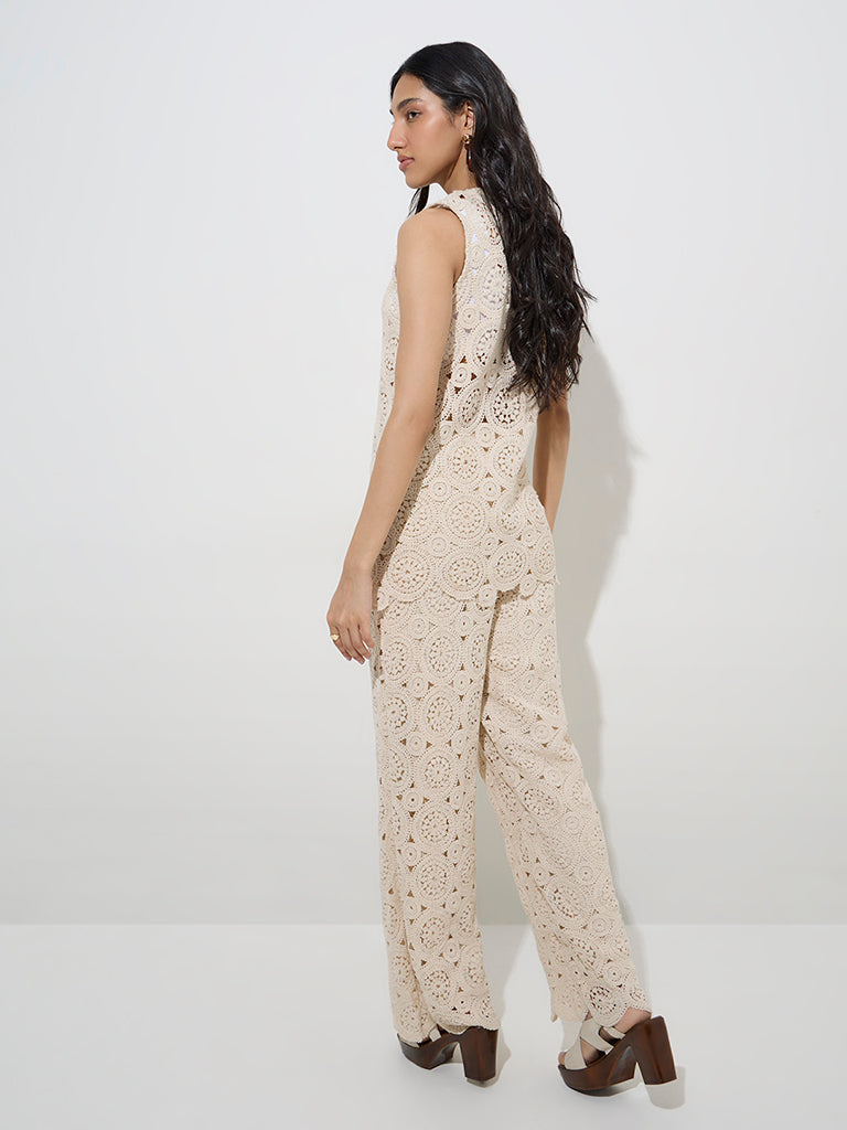 LOV Beige Crochet-Detailed High-Rise Cotton Trousers