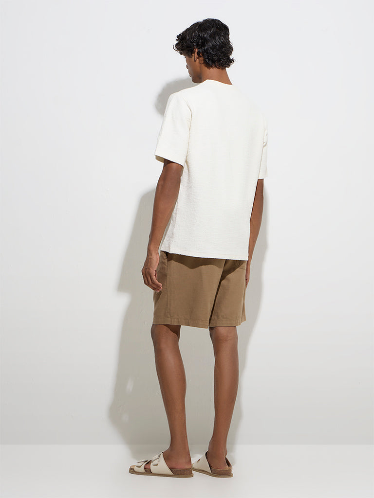 Westside ETA Men's Taupe Solid Relaxed-Fit Mid-Rise Cotton-Blend Shorts for Casual Wear Back View