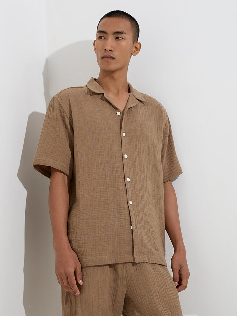 ETA Brown Crinkle-Textured Relaxed-Fit Cotton Shirt