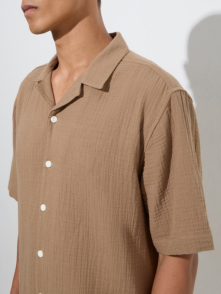 ETA Brown Crinkle-Textured Relaxed-Fit Cotton Shirt