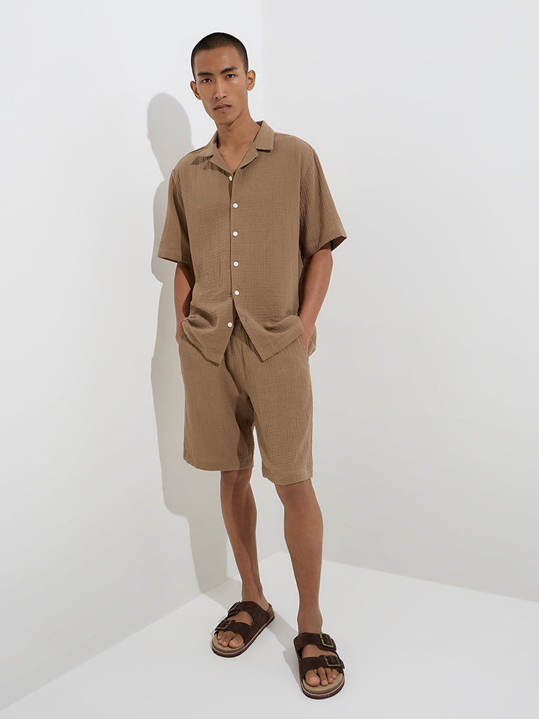 ETA Brown Crinkle-Textured Relaxed-Fit Cotton Shirt