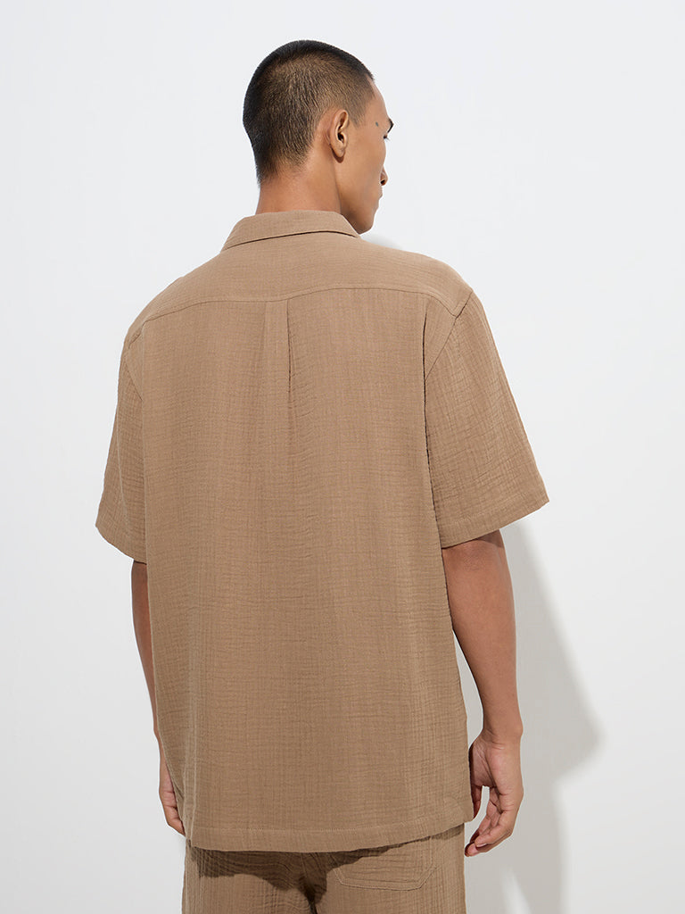 Westside ETA Men's Brown Crinkle-Textured Relaxed-Fit Cotton Shirt for Casual Wear Back View