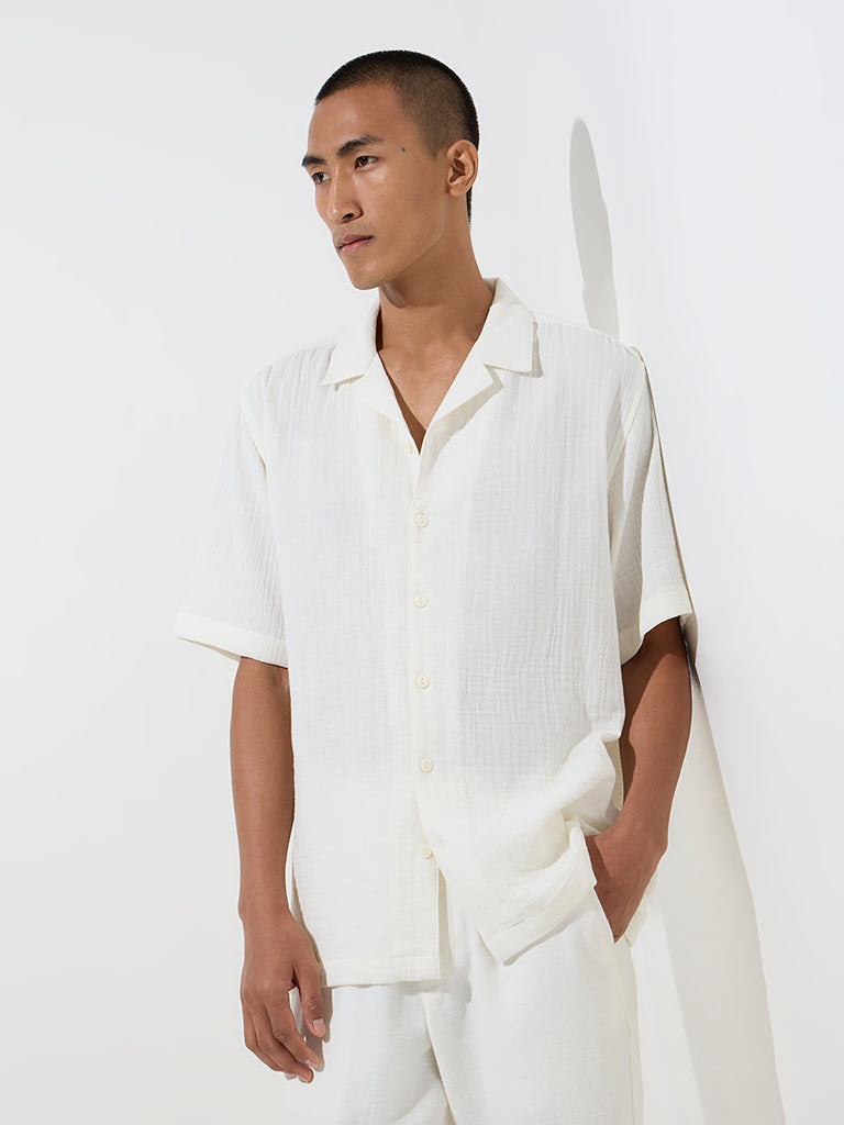 ETA Off-White Crinkle-Textured Relaxed-Fit Cotton Shirt