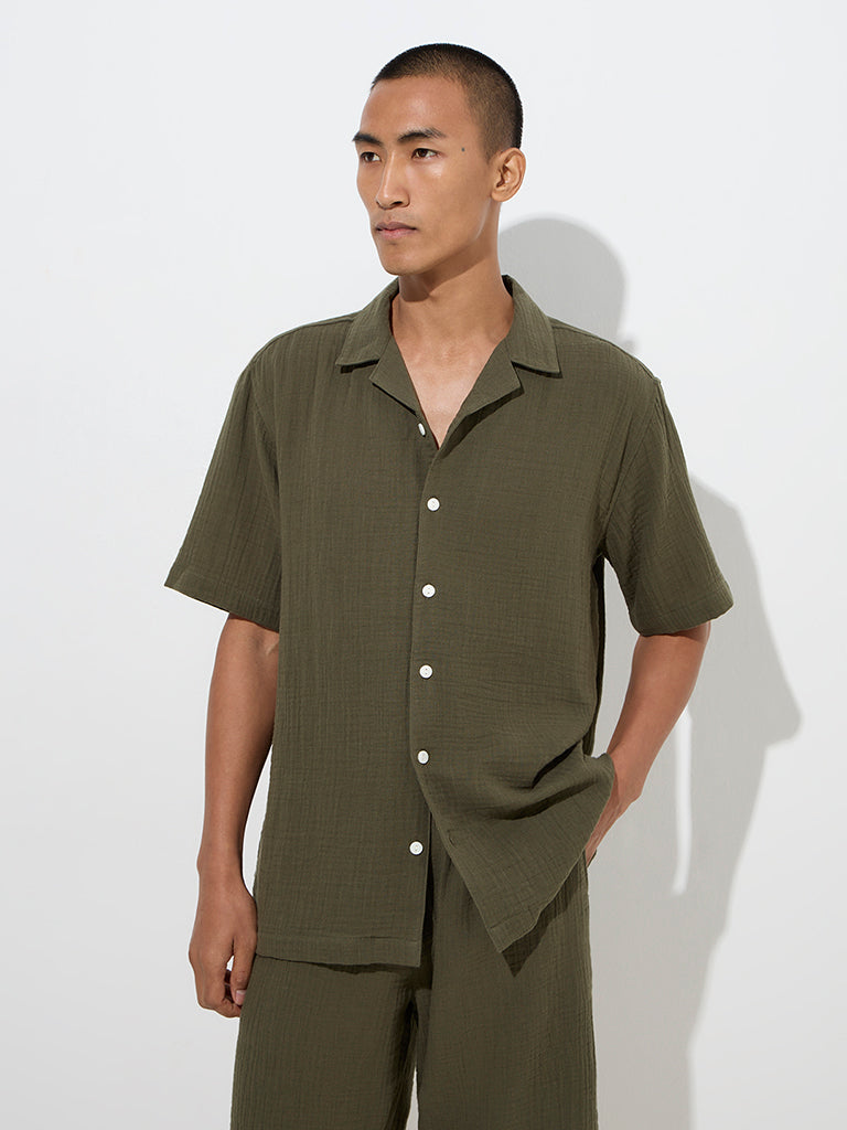 ETA Olive Crinkle-Textured Relaxed-Fit Cotton Shirt