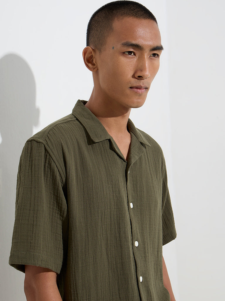 ETA Olive Crinkle-Textured Relaxed-Fit Cotton Shirt