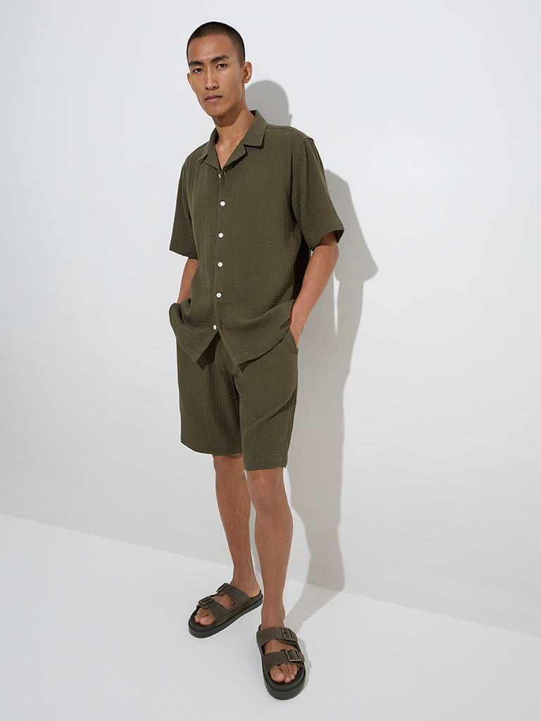 ETA Olive Crinkle-Textured Relaxed-Fit Cotton Shirt