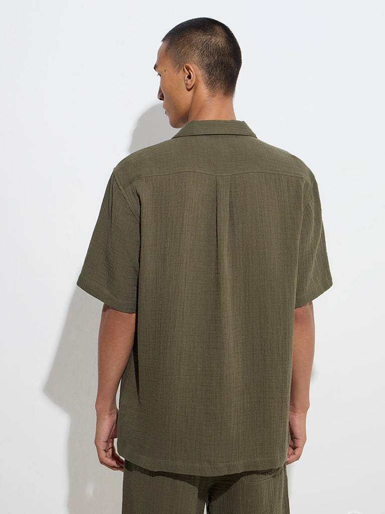 Westside ETA Men's Olive Crinkle-Textured Relaxed-Fit Cotton Shirt for Casual Wear Back View
