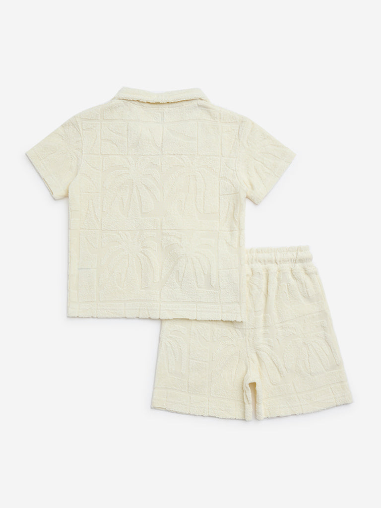 HOP Kids Off-White Self Cotton Polo T-Shirt with Shorts Set