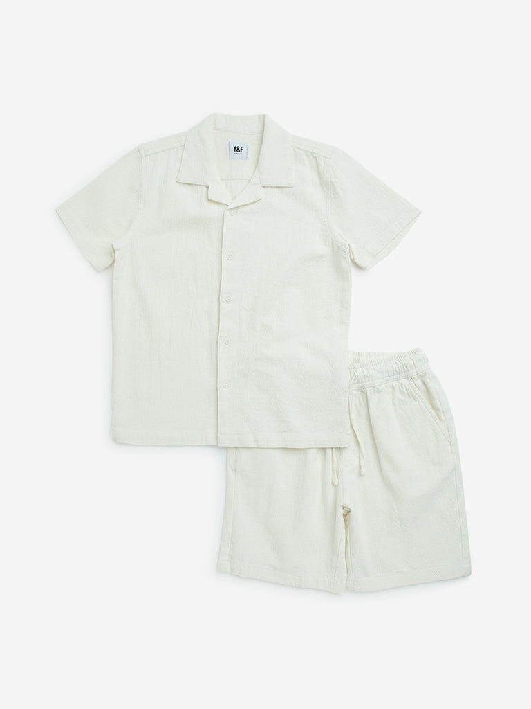 Y&F Kids Off-White Solid Cotton Shirt & Shorts Set