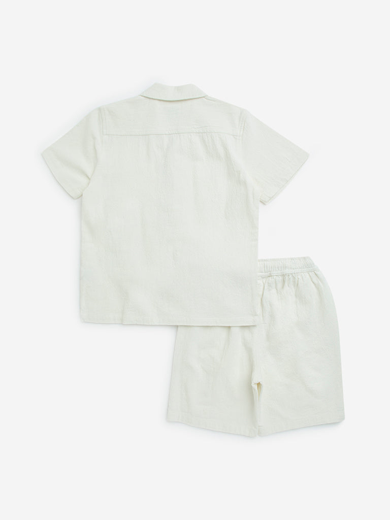 Y&F Kids Off-White Solid Cotton Shirt & Shorts Set