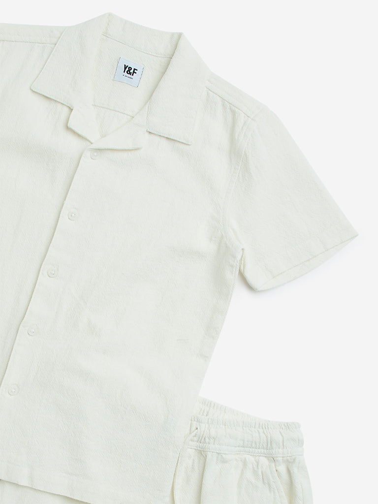 Y&F Kids Off-White Solid Cotton Shirt & Shorts Set