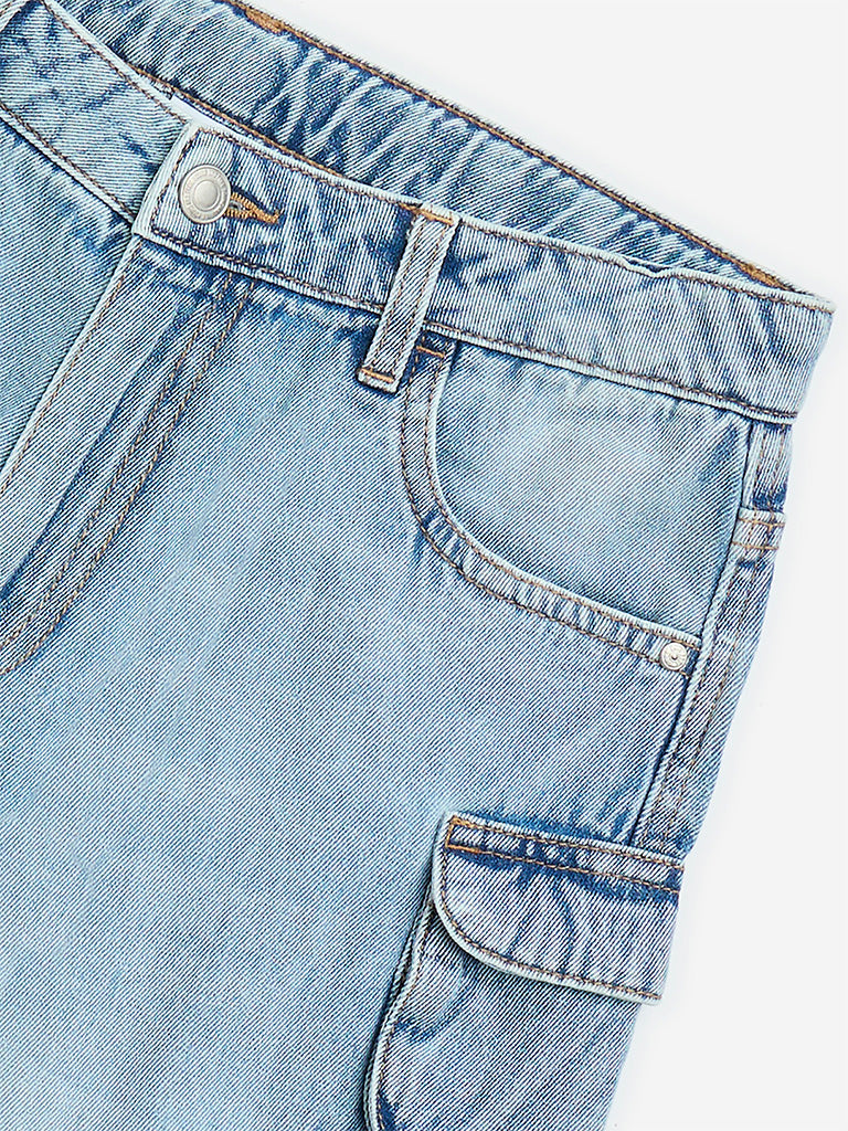 Westside Y&F Boys' Kids Blue Cargo-Style Mid-Rise Denim Shorts for Casual Wear Zoom View