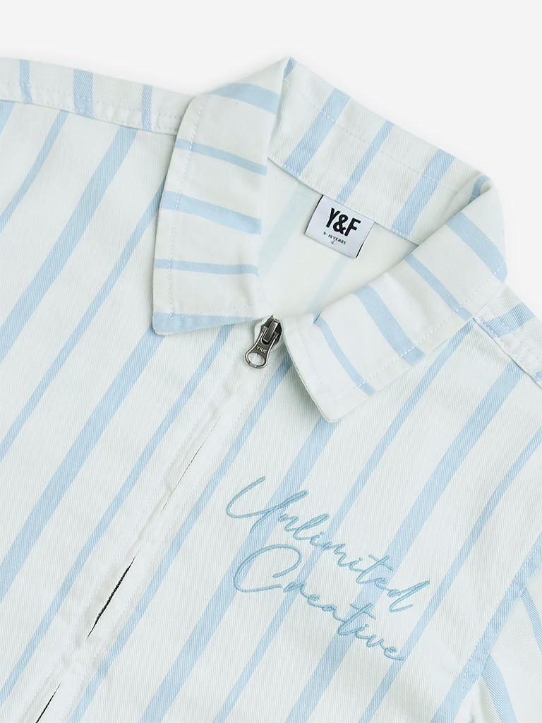 Westside Y&F Boy's Blue Stripe Printed Resort-Fit Cotton Shirt for Casual Wear Zoomed View