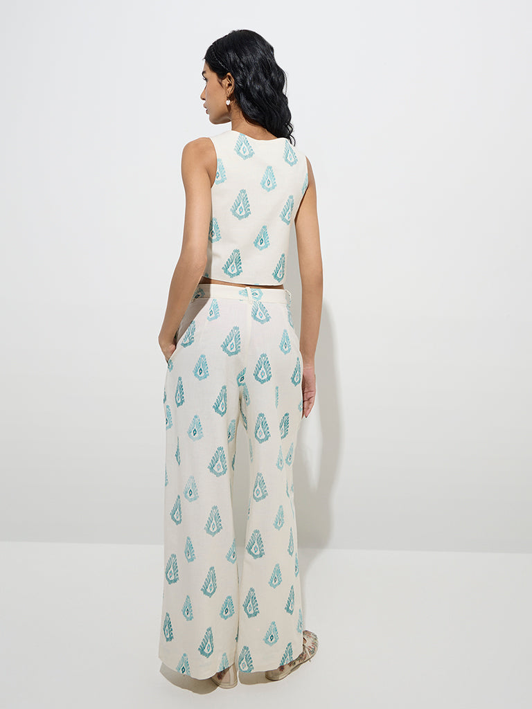 Westside Bombay Paisley Women's Ivory Ikat Printed Cotton-Blend Pants for Everyday Back View