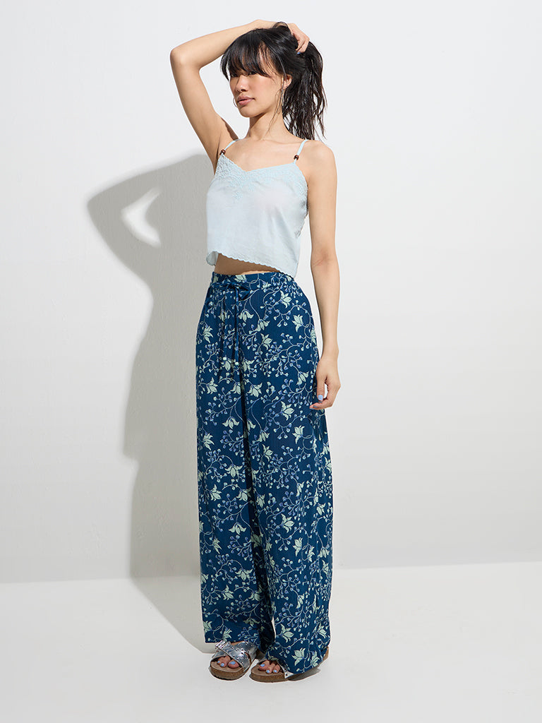 Westside Bombay Paisley Women's Indigo Floral Design High-Rise Pants for Everyday Full View