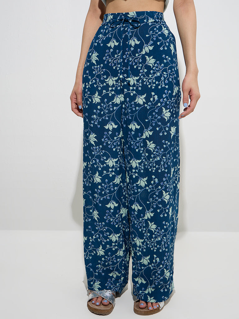 Westside Bombay Paisley Women's Indigo Floral Design High-Rise Pants for Everyday Front View