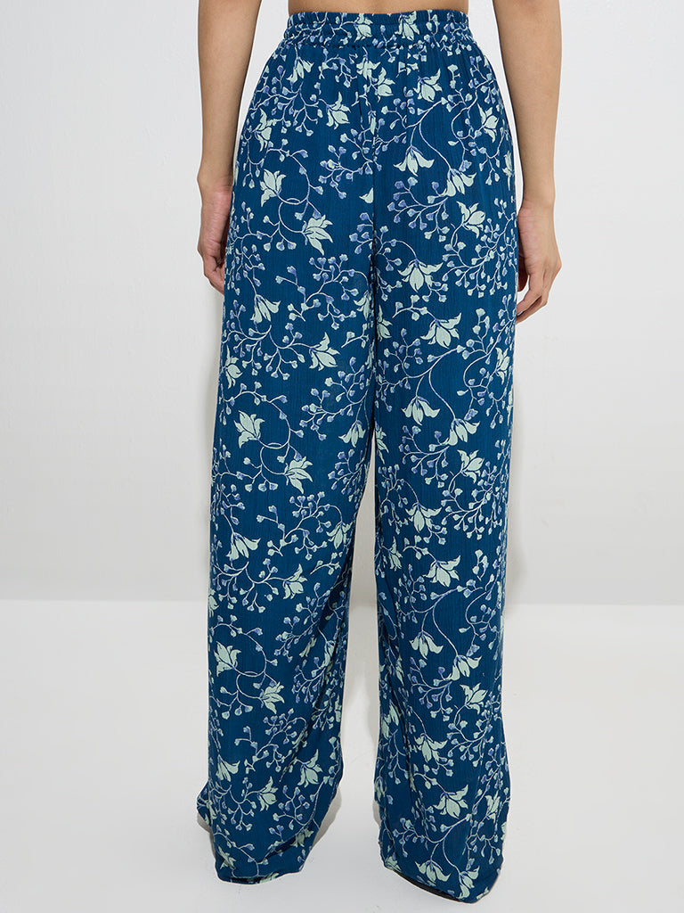 Westside Bombay Paisley Women's Indigo Floral Design High-Rise Pants for Everyday Back View
