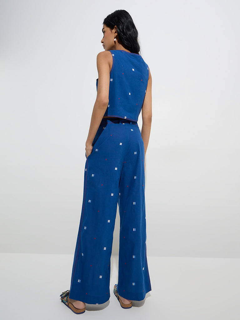 Westside Bombay Paisley Women's Blue Embroidered Mid-Rise Cotton Pants for Everyday Back View