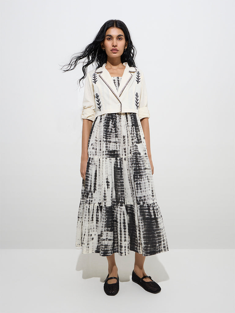 Buy Bombay Paisley Off-White Cotton Tiered Dress with Jacket from