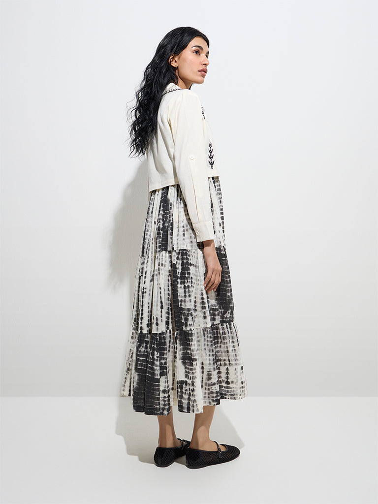Westside Bombay Paisley Women's Off-White Cotton Tiered Dress with Jacket for Everyday Back View