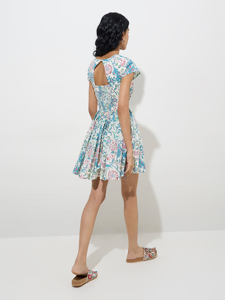 Westside Bombay Paisley Women's Blue Floral Patterned Cotton A-Line Dress for Everyday Back View