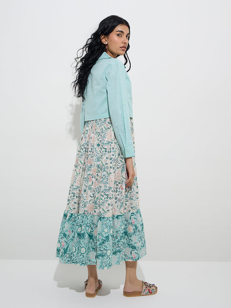 Westside Bombay Paisley Women's Teal Floral Cotton Tiered Dress with Jacket for Everyday Back View