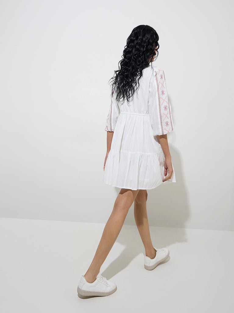 Westside Bombay Paisley Women's White Floral Embroidered Cotton Tiered Dress for Everyday Back View