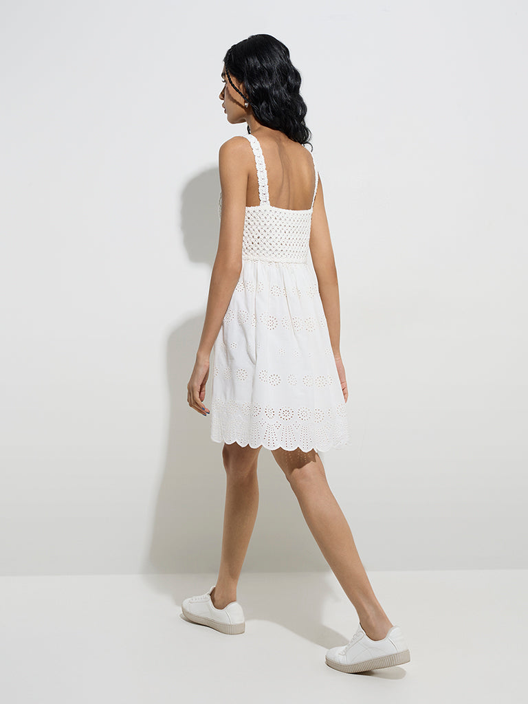 Bombay Paisley Ivory Crochet-Detailed Cotton A-Line Dress
