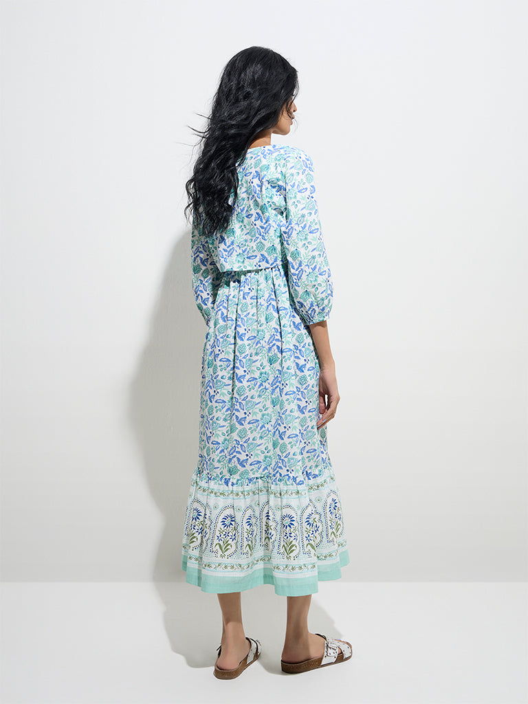 Westside Bombay Paisley Women's Blue Floral Printed Cotton Tiered Dress for Everyday Back View