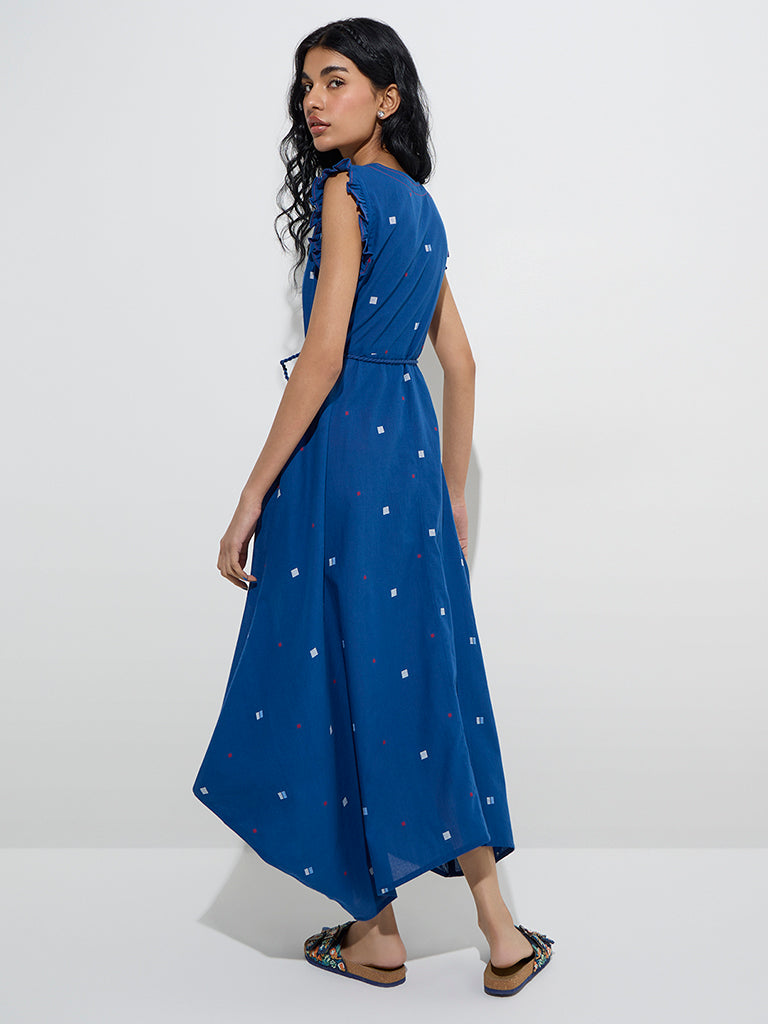Westside Bombay Paisley Women's Indigo Embroidered Cotton Asymmetric Dress for Everyday Back View