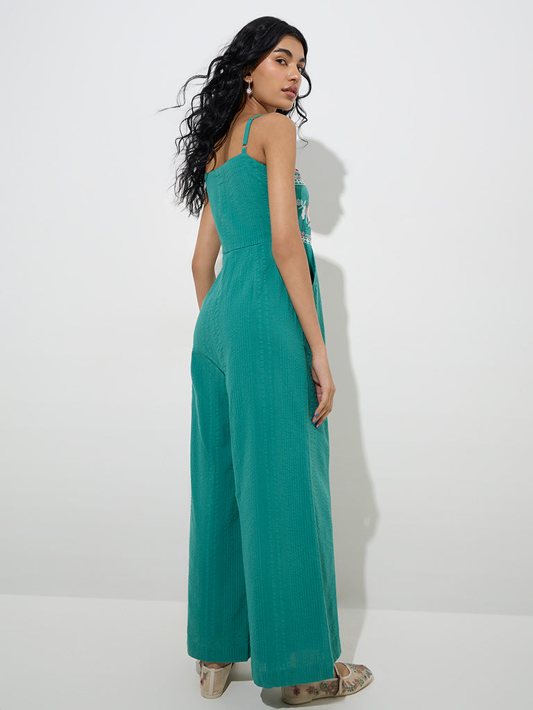 Westside Bombay Paisley Women's Green Floral Embroidered Cotton Jumpsuit for Everyday Back View