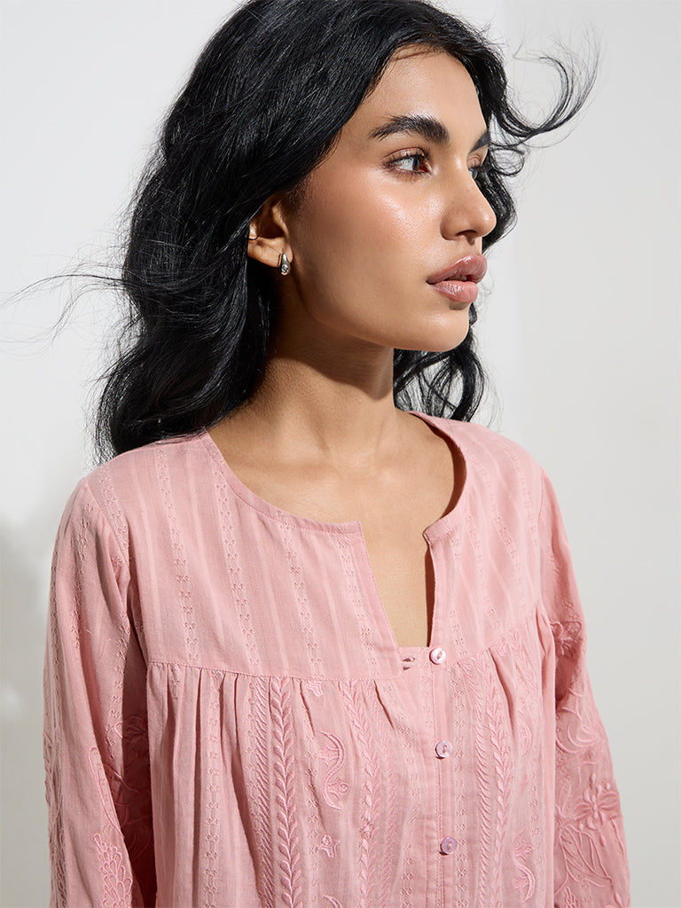 Bombay Paisley Pink Floral Embroidered Cotton Blouse