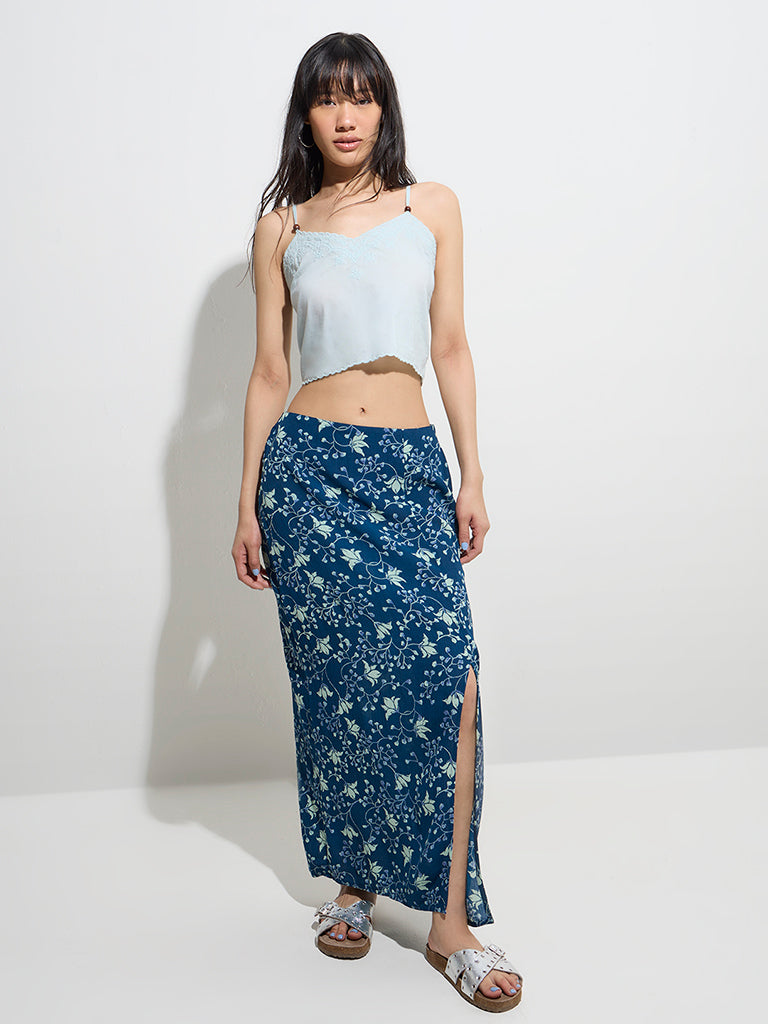 Bombay Paisley Light Blue Embroidered Cotton Crop Top