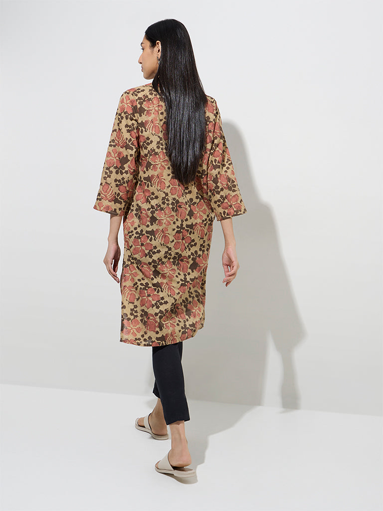 Westside Utsa Women's Beige Floral Design Straight Cotton Kurta for Everyday Back View
