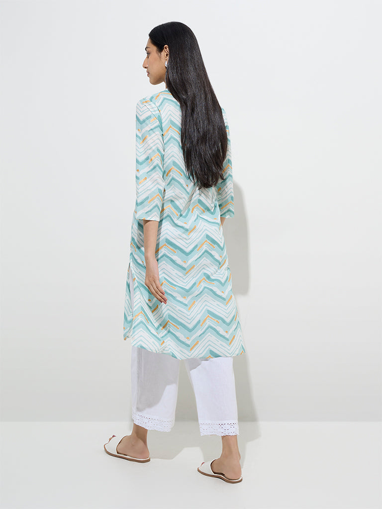 Westside Utsa Women's Aqua Chevron Patterned Straight Cotton Kurta for Everyday Back View