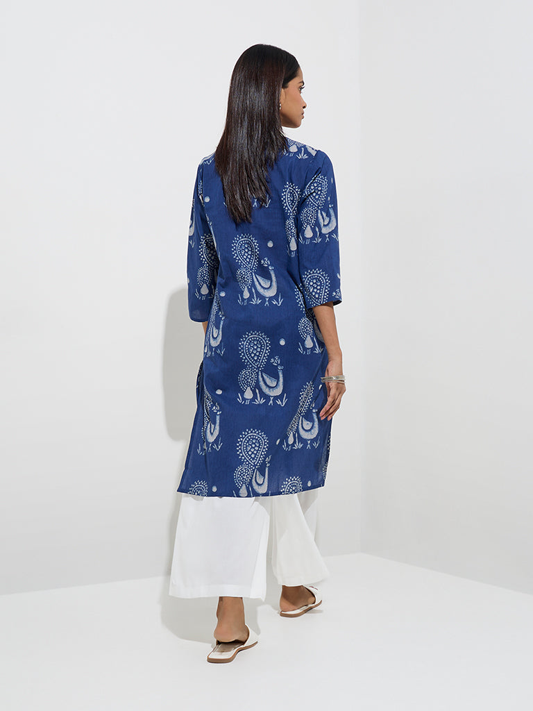 Westside Utsa Women's Indigo Peacock Design Straight Cotton Kurta for Everyday Back View