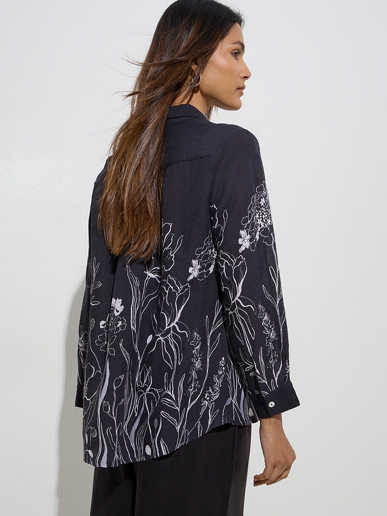Westside Zuba Women's Black Floral Design Tunic for Work Wear Back View